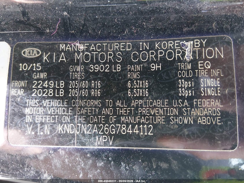2016 Kia Soul VIN KNDJN2A26G7844112 IAAI salvage auction — NORMAL WEAR, Salvage (Texas), sold $650 on 2026-07-27 (photo 9)