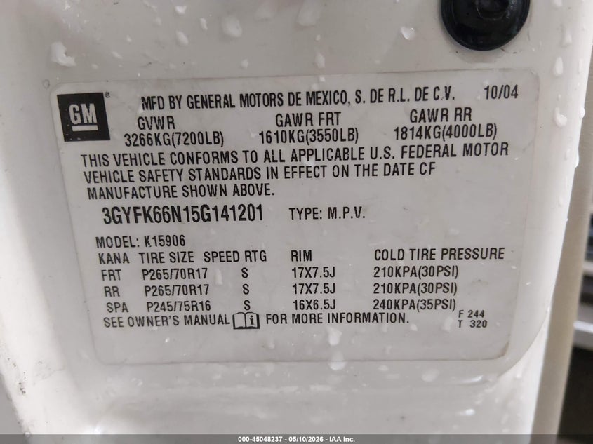 2005 Cadillac Escalade esv VIN 3GYFK66N15G141201 IAAI salvage auction — NORMAL WEAR, Original (Alaska), sold $825 on 2026-07-31 (photo 9)