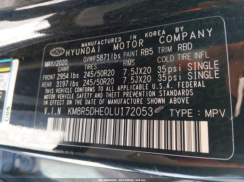 2020 Hyundai Palisade VIN KM8R5DHE0LU172053 IAAI salvage auction — FRONT END, Clear (Oklahoma), sold $4,575 on 2026-07-15 (photo 9)