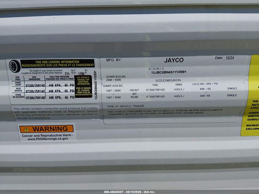 2025 Jayco Other VIN 1UJBC0BN4S1YV0591 IAAI salvage auction — WATER/FLOOD, Salvage (Delaware), sold $6,100 on 2026-07-08 (photo 9)