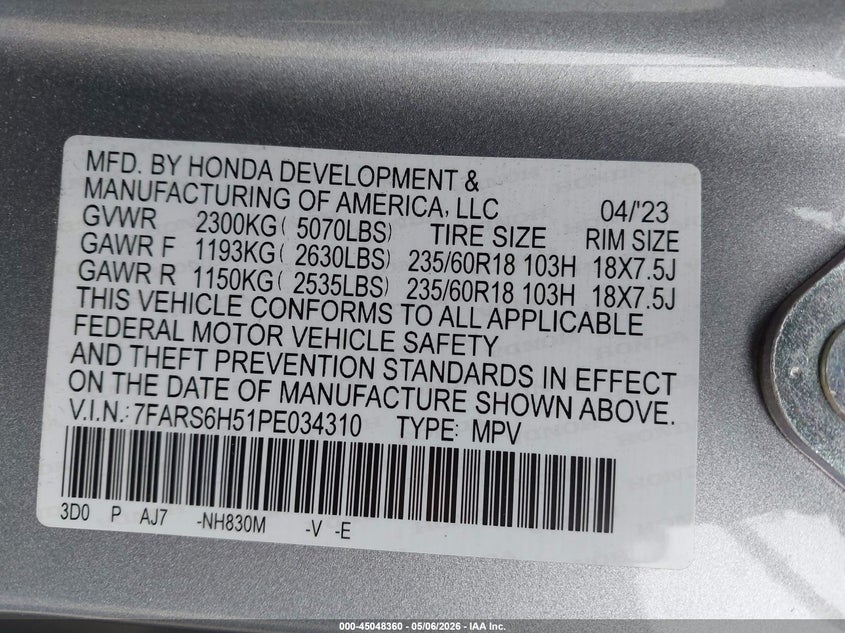 2023 Honda Cr-v VIN 7FARS6H51PE034310 IAAI salvage auction — THEFT, Salvage (Pennsylvania), sold $8,500 on 2026-08-02 (photo 9)