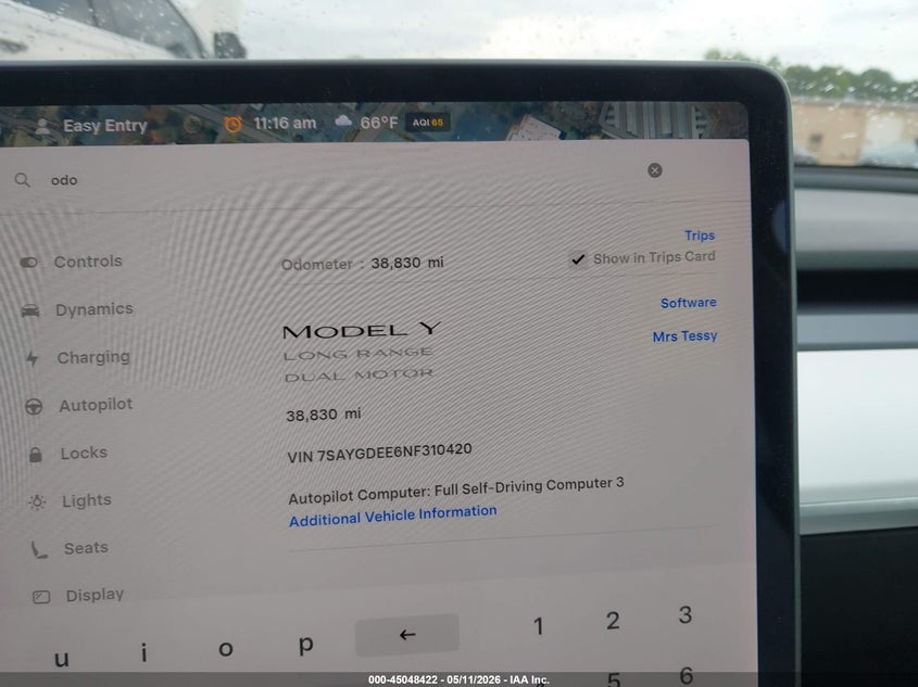 2022 Tesla Model y VIN 7SAYGDEE6NF310420 IAAI salvage auction — FRONT END, Salvage (North Carolina), sold $11,600 on 2026-07-16 (photo 7)