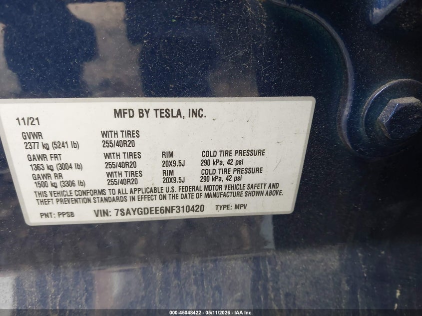 2022 Tesla Model y VIN 7SAYGDEE6NF310420 IAAI salvage auction — FRONT END, Salvage (North Carolina), sold $11,600 on 2026-07-16 (photo 9)