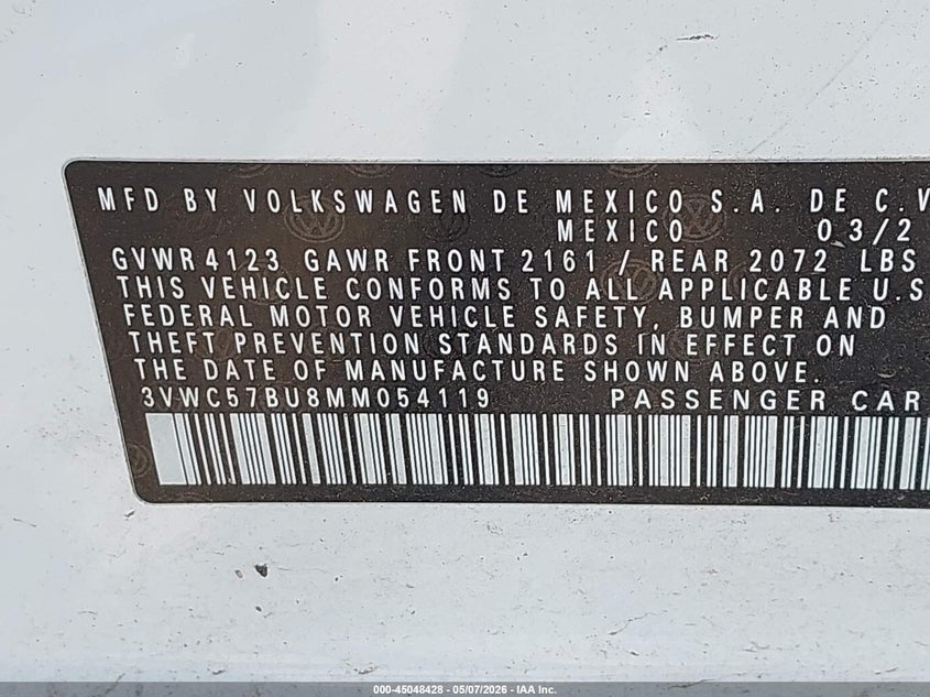 2021 Volkswagen Jetta VIN 3VWC57BU8MM054119 IAAI salvage auction — HAIL, Original (Texas), sold $6,000 on 2026-07-09 (photo 9)
