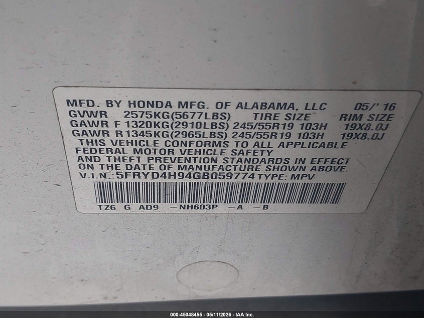 2016 Acura Mdx VIN 5FRYD4H94GB059774 IAAI salvage auction — LEFT FRONT, Salvage - Greater Than 75% (Maryland), sold $2,250 on 2026-07-29 (photo 9)