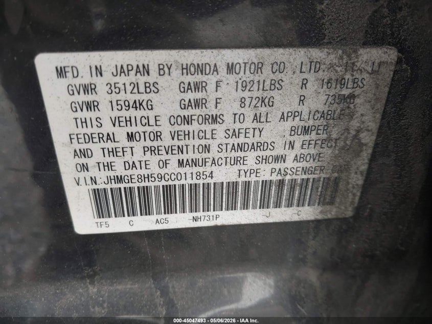 2012 Honda Fit VIN JHMGE8H59CC011854 IAAI salvage auction — FRONT END, Clear (Virginia), sold $875 on 2026-07-07 (photo 9)