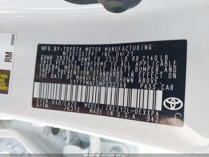 2021 Toyota Corolla VIN 5YFFPMAE5MP232368 IAAI salvage auction — HAIL, Clear (Missouri), sold $8,700 on 2026-07-06 (photo 9)