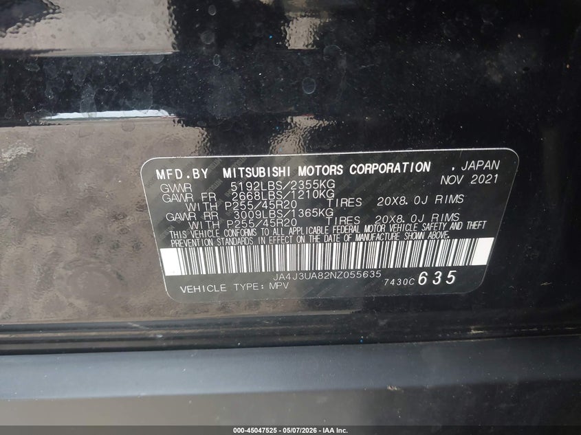 2022 Mitsubishi Outlander VIN JA4J3UA82NZ055635 IAAI salvage auction — FRONT END, Salvage (Texas), sold $5,000 on 2026-07-28 (photo 9)