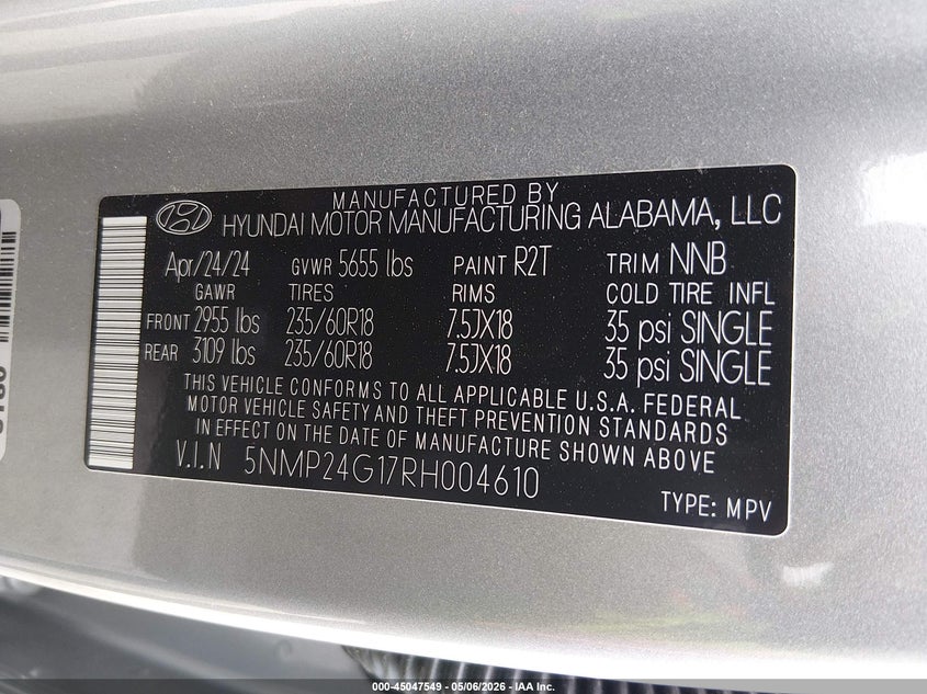 2024 Hyundai Santa fe VIN 5NMP24G17RH004610 IAAI salvage auction — RIGHT SIDE, Clear (Oklahoma), sold $8,300 on 2026-07-29 (photo 9)