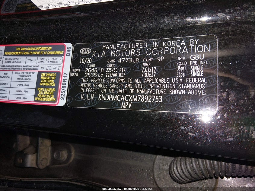 2021 Kia Sportage VIN KNDPMCACXM7892753 IAAI salvage auction — FRONT END, Mv-907A (New York), sold $5,150 on 2026-07-09 (photo 9)