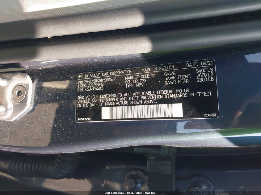 2022 Volvo Xc60 VIN YV4L12RK8N1960577 IAAI salvage auction — FRONT END, Salvage - Greater Than 75% (Maryland), sold $7,800 on 2026-07-30 (photo 9)