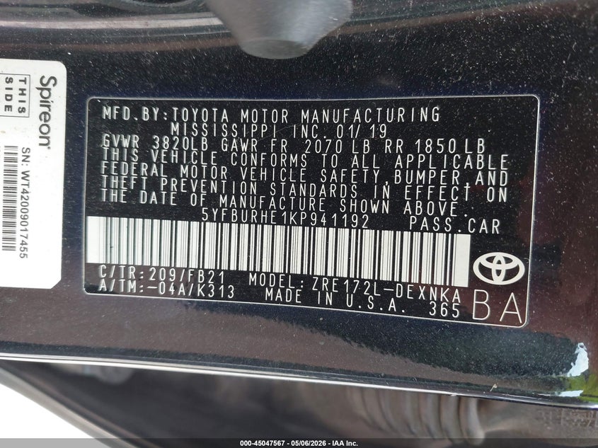 2019 Toyota Corolla VIN 5YFBURHE1KP941192 IAAI salvage auction — RIGHT FRONT, Salvage (South Carolina), sold $1,250 on 2026-07-28 (photo 9)