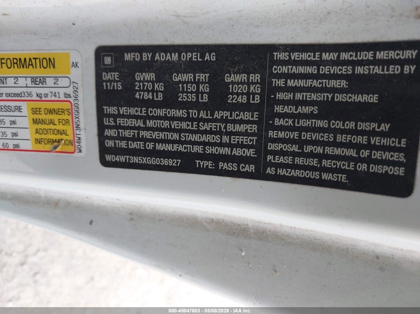 2016 Buick Cascada VIN W04WT3N5XGG036927 IAAI salvage auction — FRONT END, Salvage (Indiana), sold $3,150 on 2026-07-22 (photo 9)