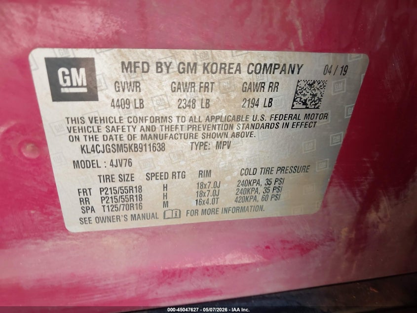 2019 Buick Encore VIN KL4CJGSM5KB911638 IAAI salvage auction — FRONT END, Clear (Oklahoma), sold $1,600 on 2026-07-22 (photo 9)
