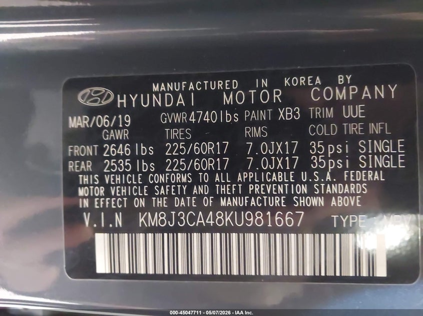 2019 Hyundai Tucson VIN KM8J3CA48KU981667 IAAI salvage auction — FRONT END, Salvage (Minnesota), sold $2,900 on 2026-08-02 (photo 9)