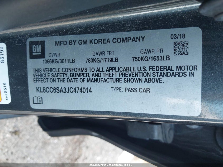2018 Chevrolet Spark VIN KL8CC6SA3JC474014 IAAI salvage auction — LEFT REAR, Salvage (Ohio), sold $1,200 on 2026-07-28 (photo 9)