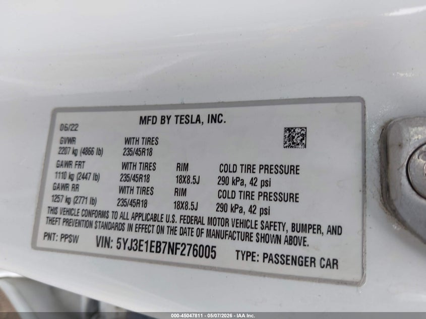 2022 Tesla Model 3 VIN 5YJ3E1EB7NF276005 IAAI salvage auction — REAR END, Salvage - Greater Than 75% (Maryland), sold $9,600 on 2026-07-08 (photo 9)