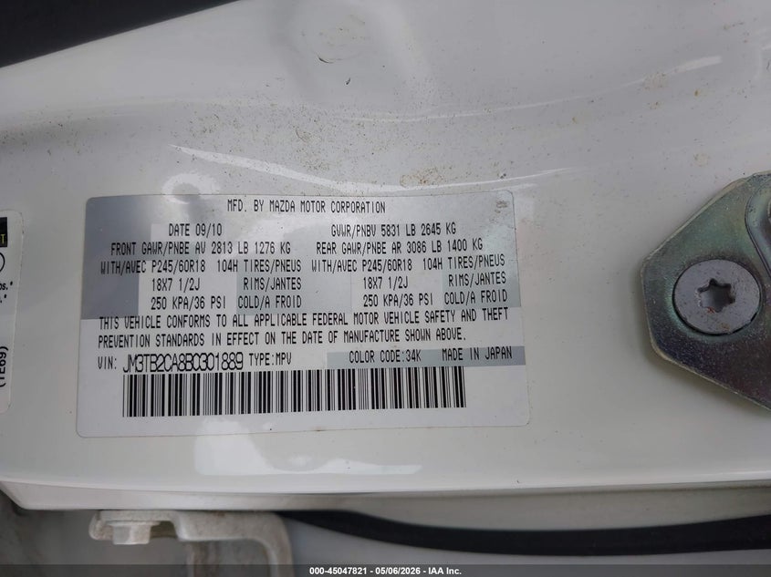 2011 Mazda Cx-9 VIN JM3TB2CA8B0301889 IAAI salvage auction — RIGHT REAR, Salvage (Georgia), sold $650 on 2026-07-15 (photo 9)