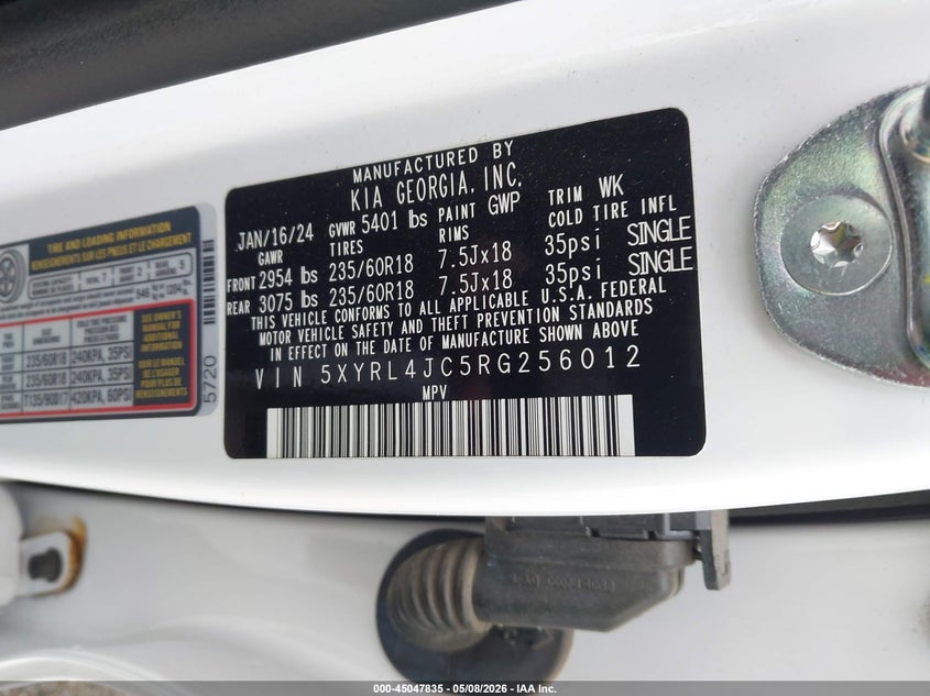 2024 Kia Sorento VIN 5XYRL4JC5RG256012 IAAI salvage auction — HAIL, Original (Texas), sold $8,100 on 2026-07-28 (photo 9)