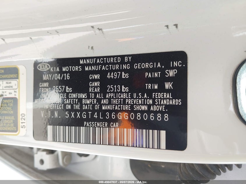 2016 Kia Optima VIN 5XXGT4L36GG080688 IAAI salvage auction — FRONT END, Original (Texas), sold $1,300 on 2026-07-28 (photo 9)