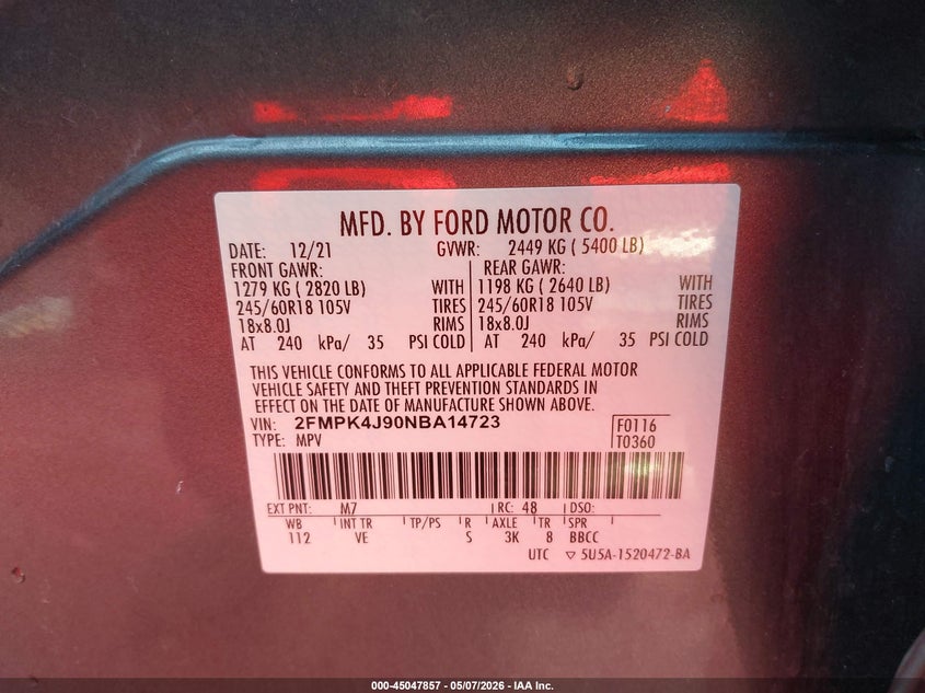 2022 Ford Edge VIN 2FMPK4J90NBA14723 IAAI salvage auction — FRONT END, Salvage (Iowa), sold $5,075 on 2026-07-09 (photo 9)