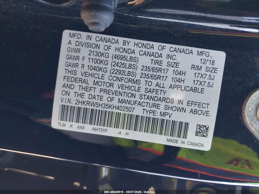 2019 Honda Cr-v VIN 2HKRW5H35KH402507 IAAI salvage auction — FRONT END, Wait Title, sold $3,900 on 2026-07-31 (photo 9)