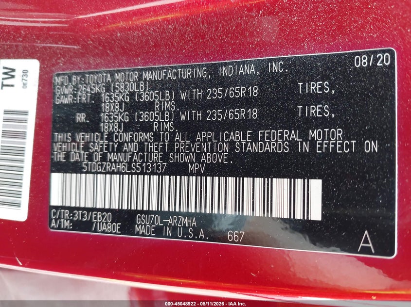 2020 Toyota Highlander VIN 5TDGZRAH6LS513137 IAAI salvage auction — RIGHT SIDE, Certificate Of Destruction (Florida), sold $9,150 on 2026-07-27 (photo 9)
