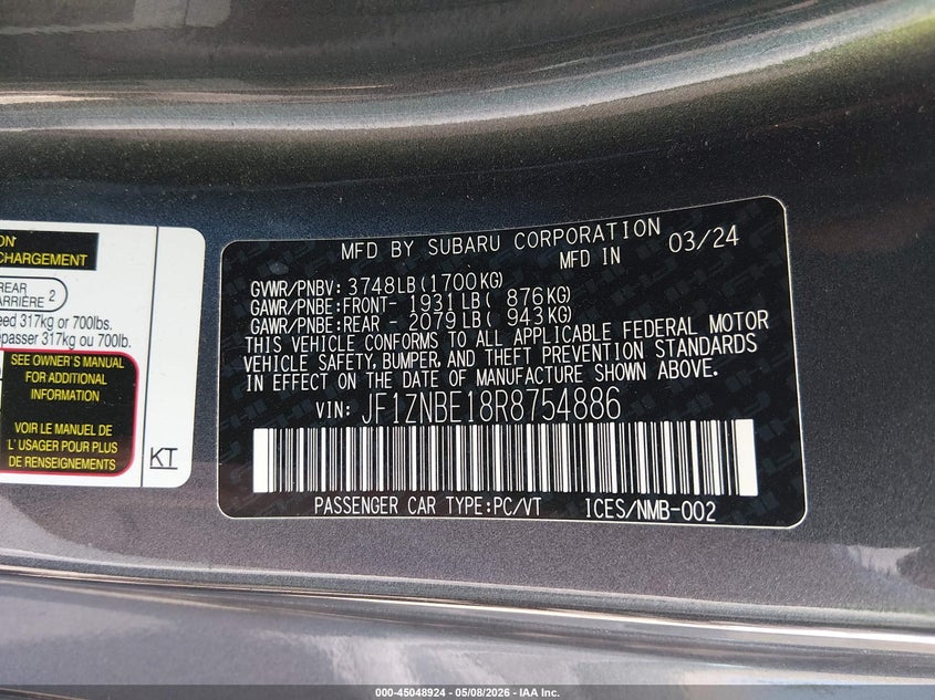 2024 Toyota Gr 86 VIN JF1ZNBE18R8754886 IAAI salvage auction — FRONT & REAR, Salvage (Massachusetts), sold $3,150 on 2026-07-21 (photo 9)