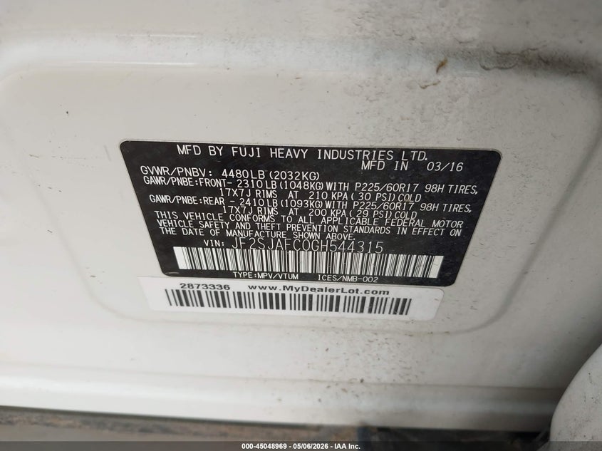 2016 Subaru Forester VIN JF2SJAFC0GH544315 IAAI salvage auction — LEFT FRONT, Original (Texas), sold $1,425 on 2026-07-28 (photo 9)