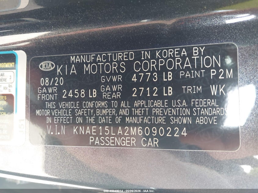 2021 Kia Stinger VIN KNAE15LA2M6090224 IAAI salvage auction — REAR END, Original (Texas), sold $7,325 on 2026-07-27 (photo 9)