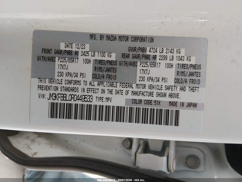 2024 Mazda Cx-5 VIN JM3KFBBL0R0449533 IAAI salvage auction — REAR END, Original (Texas), sold $5,400 on 2026-07-28 (photo 9)