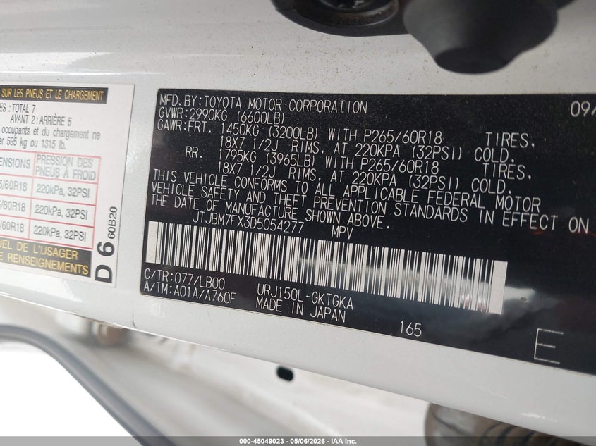 2013 Lexus Gx VIN JTJBM7FX3D5054277 IAAI salvage auction — RIGHT REAR, Salvage (California), sold $11,000 on 2026-07-06 (photo 9)