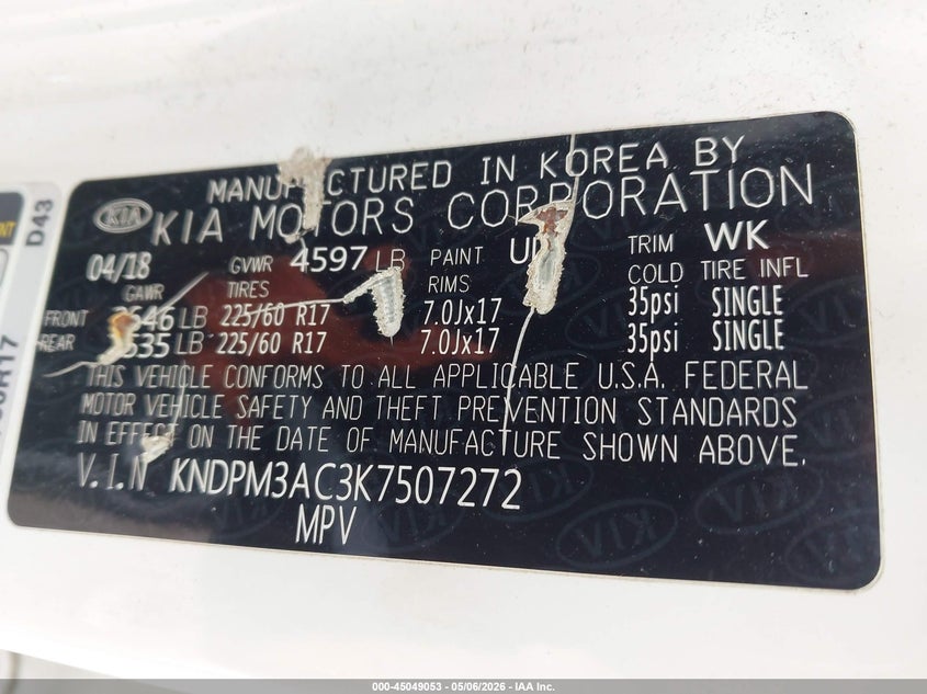 2019 Kia Sportage VIN KNDPM3AC3K7507272 IAAI salvage auction — UNKNOWN, Salvage (Illinois), sold $1,925 on 2026-07-28 (photo 9)