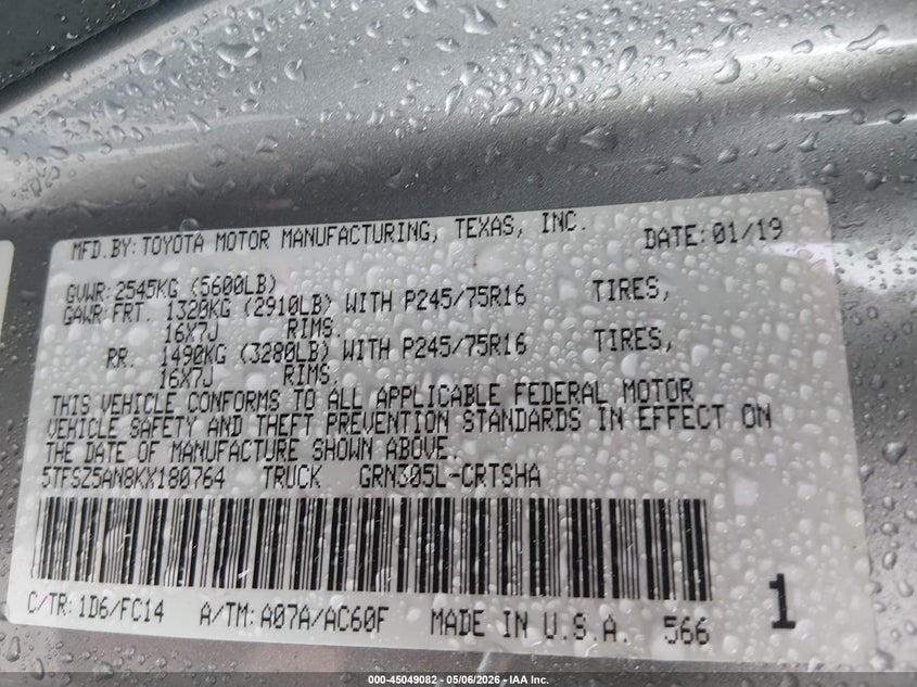 2019 Toyota Tacoma VIN 5TFSZ5AN8KX180764 IAAI salvage auction — ROLLOVER, Salvage (West Virginia), sold $5,250 on 2026-07-16 (photo 9)