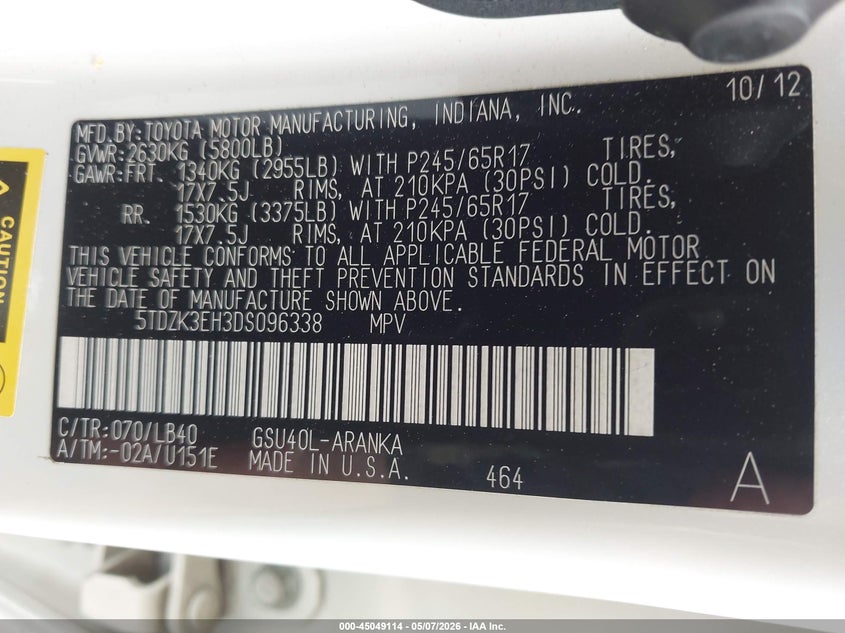 2013 Toyota Highlander VIN 5TDZK3EH3DS096338 IAAI salvage auction — REAR END, Original (Texas), sold $7,600 on 2026-07-08 (photo 9)