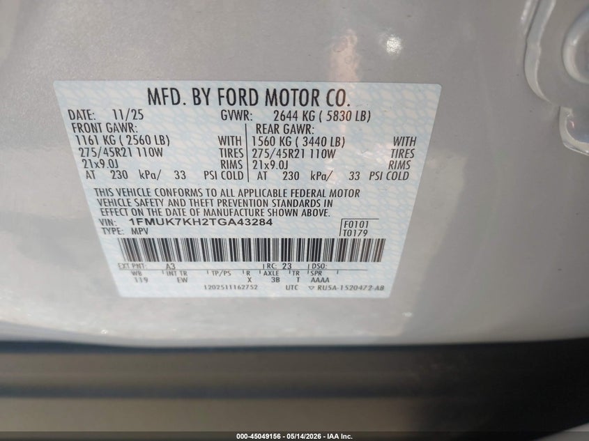 2026 Ford Explorer VIN 1FMUK7KH2TGA43284 IAAI salvage auction — REAR END, Salvage (Louisiana), sold $14,200 on 2026-07-29 (photo 9)