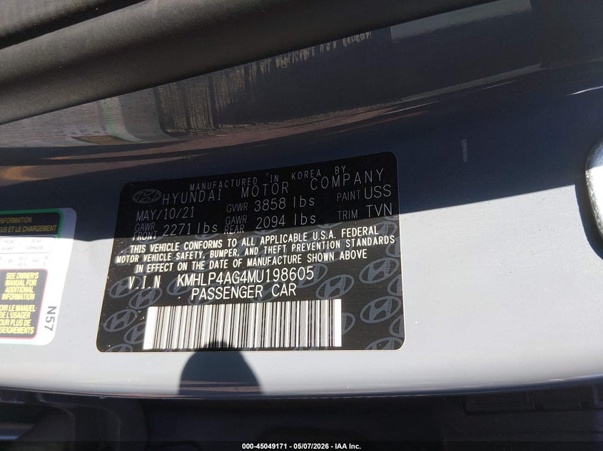 2021 Hyundai Elantra VIN KMHLP4AG4MU198605 IAAI salvage auction — FRONT END, Salvage (Idaho), sold $925 on 2026-07-30 (photo 9)