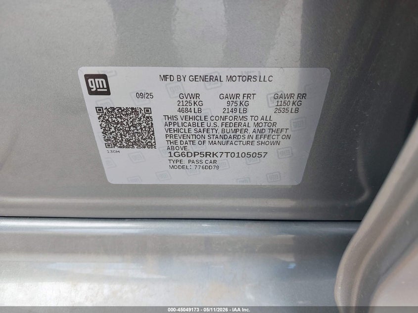 2026 Cadillac Ct5 VIN 1G6DP5RK7T0105057 IAAI salvage auction — HAIL, Original (Texas), sold $31,375 on 2026-07-13 (photo 9)