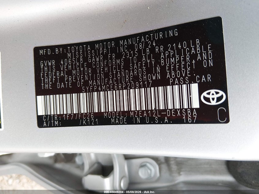 2024 Toyota Corolla VIN 5YFP4MCE6RP209117 IAAI salvage auction — FRONT END, Salvage (Alabama), sold $3,550 on 2026-07-07 (photo 9)