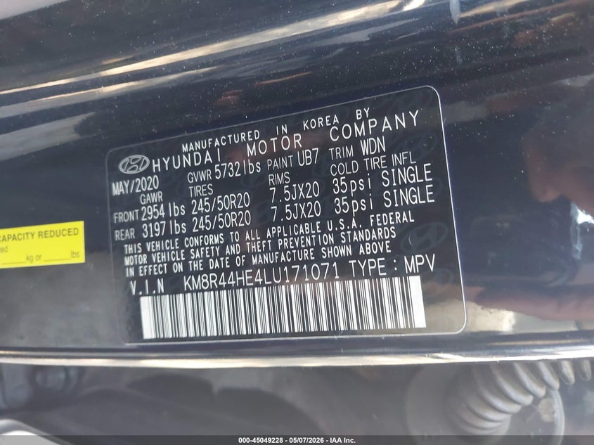 2020 Hyundai Palisade VIN KM8R44HE4LU171071 IAAI salvage auction — REAR END, Salvage (California), sold $4,550 on 2026-07-14 (photo 9)