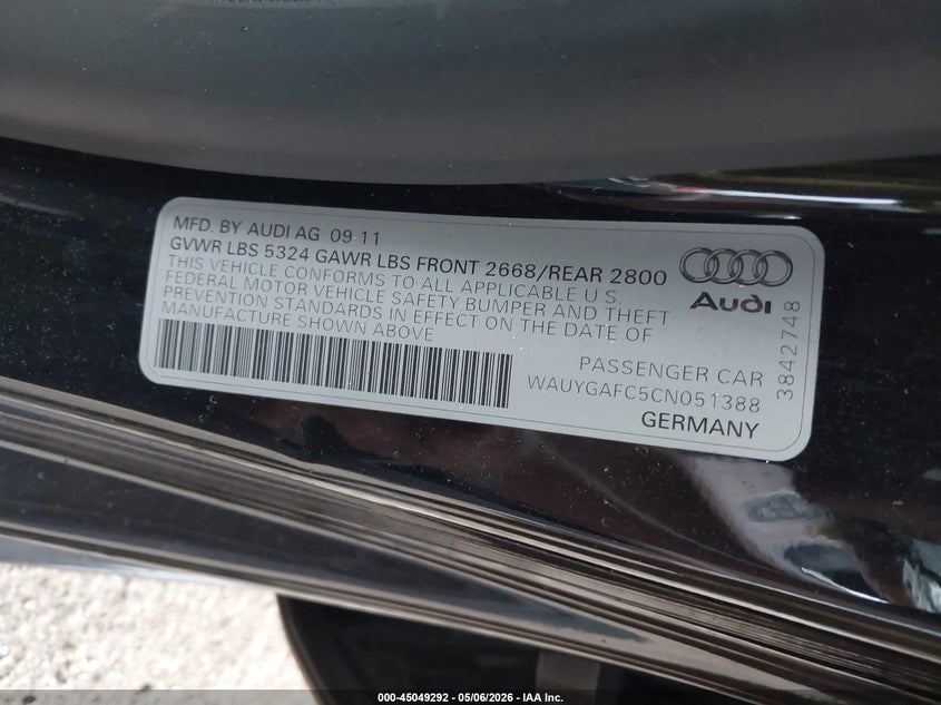 2012 Audi A7 VIN WAUYGAFC5CN051388 IAAI salvage auction — FRONT & REAR, Salvage (New Jersey), sold $500 on 2026-07-21 (photo 9)