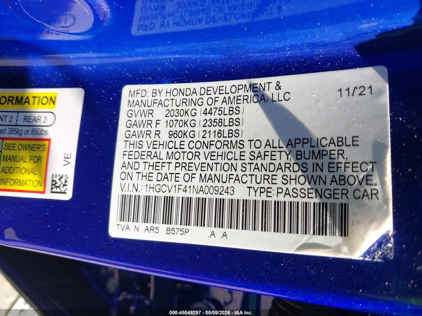 2022 Honda Accord VIN 1HGCV1F41NA009243 IAAI salvage auction — REAR END, Rebuildable (Florida), sold $3,300 on 2026-07-09 (photo 9)