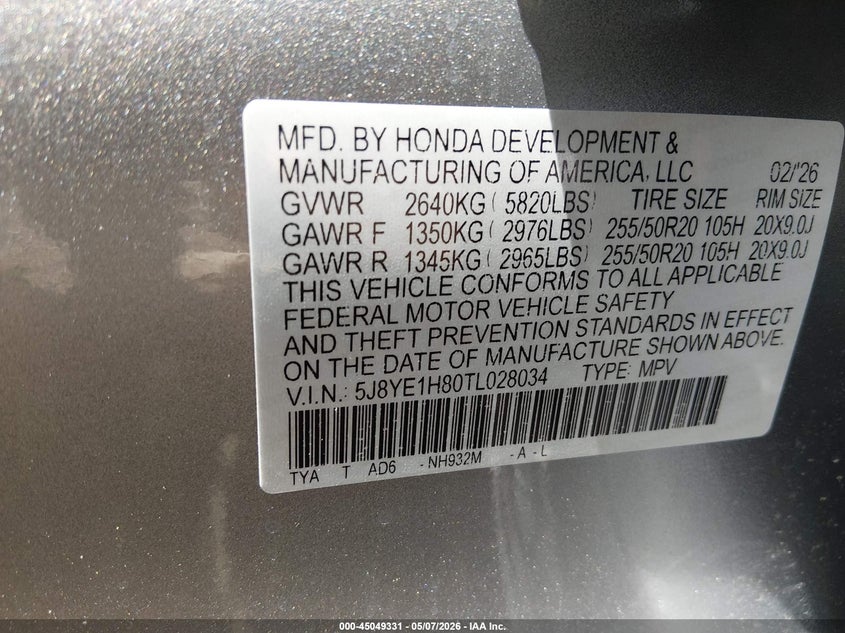 2026 Acura Mdx VIN 5J8YE1H80TL028034 IAAI salvage auction — FRONT END, Salvage (Ohio), sold $25,800 on 2026-07-29 (photo 9)
