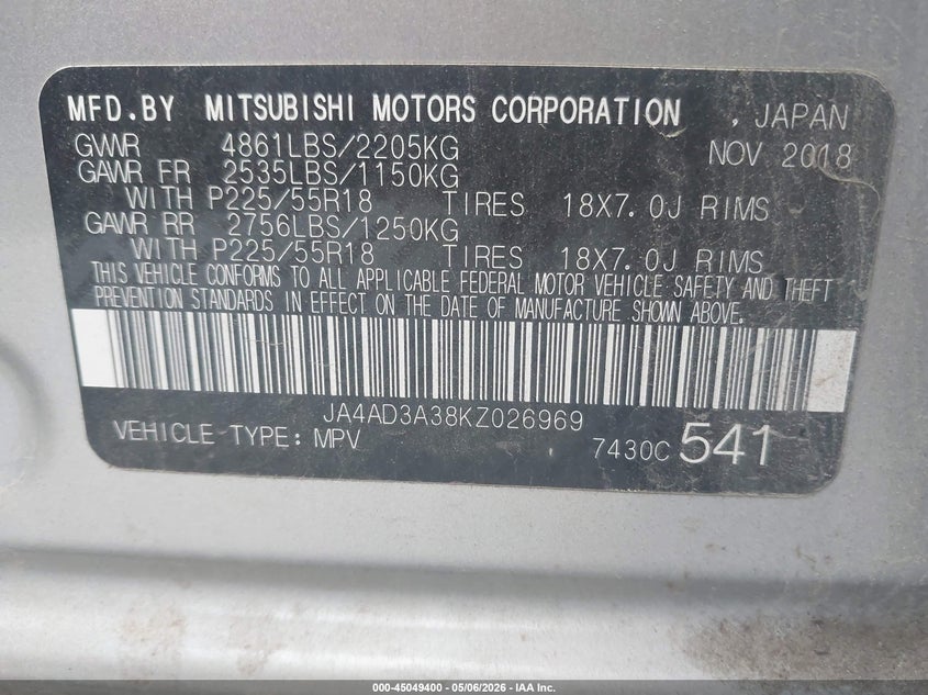2019 Mitsubishi Outlander VIN JA4AD3A38KZ026969 IAAI salvage auction — RIGHT SIDE, Salvage (Mississippi), sold $3,875 on 2026-07-15 (photo 9)