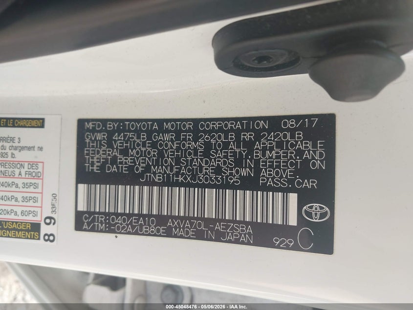 2018 Toyota Camry VIN JTNB11HKXJ3033195 IAAI salvage auction — FRONT END, Rebuildable (Florida), sold $2,975 on 2026-07-23 (photo 9)