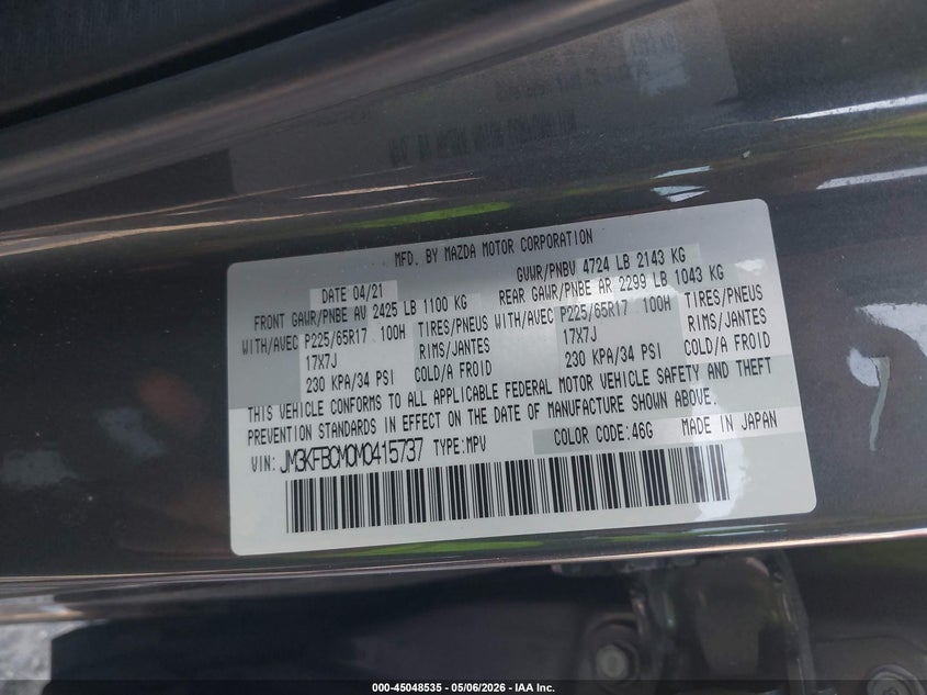 2021 Mazda Cx-5 VIN JM3KFBCM0M0415737 IAAI salvage auction — FRONT END, Rebuildable (Florida), sold $2,250 on 2026-07-28 (photo 9)