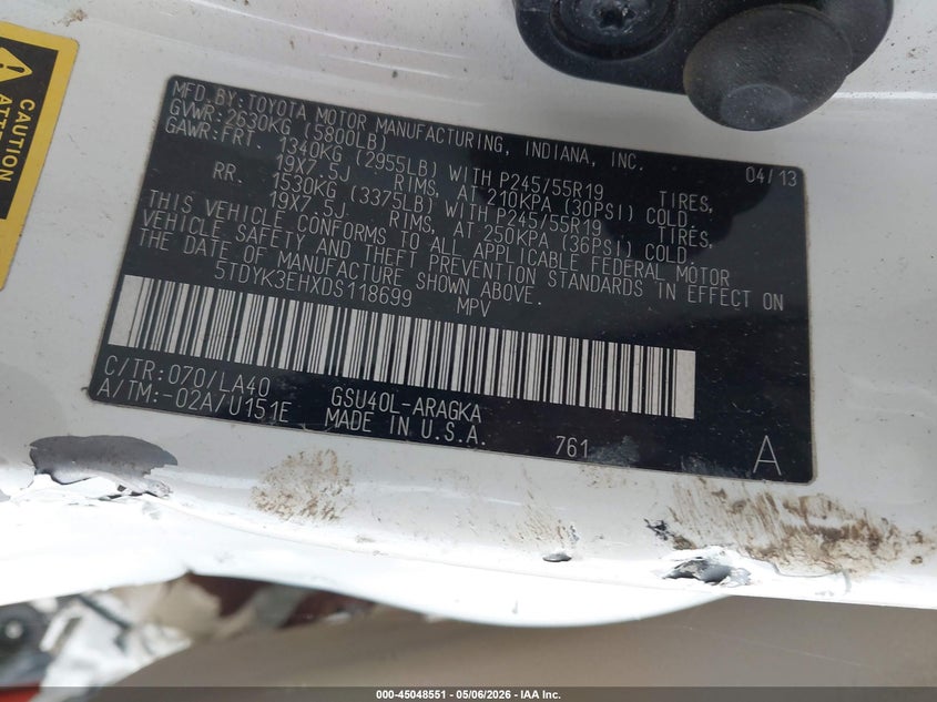 2013 Toyota Highlander VIN 5TDYK3EHXDS118699 IAAI salvage auction — ROLLOVER, Non-Repairable (Texas), sold $325 on 2026-07-08 (photo 9)