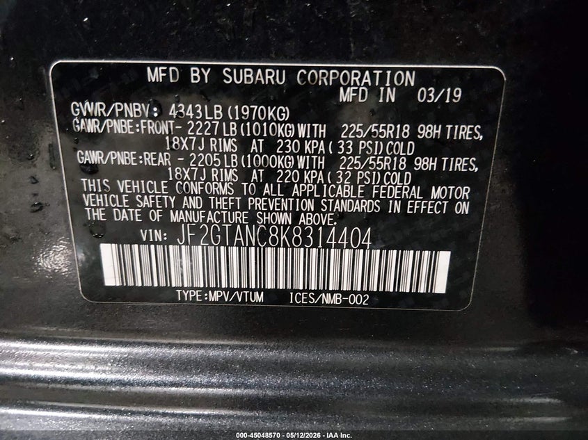 2019 Subaru Xv VIN JF2GTANC8K8314404 IAAI salvage auction — REAR END, Salvage Title, sold $3,250 on 2026-07-31 (photo 9)