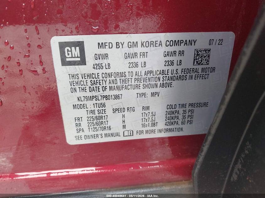 2023 Chevrolet Trailblazer VIN KL79MPSL7PB013867 IAAI salvage auction — BIO HAZARD, Salvage (Arkansas), sold $4,100 on 2026-07-24 (photo 9)
