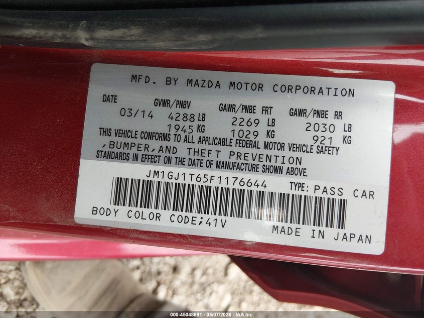 2015 Mazda 6 VIN JM1GJ1T65F1176644 IAAI salvage auction — FRONT END, Original (Texas), sold $1,975 on 2026-07-14 (photo 9)